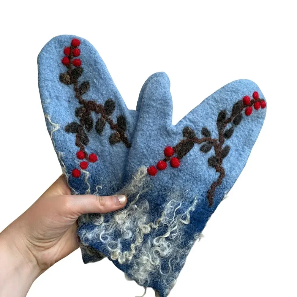 Handmade vintage felted gloves blue antique mittens one size vines berries